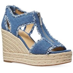 Michael Kors Women’s Berkley Wedge Sandals – Frayed Denim with Front Zipper – Si